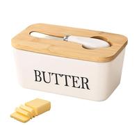 Beurrier en céramique - Grande capacité - 350 ml - En porcelaine - Avec couvercle en bois et couteau à beurre, cloche scellée et fraîche - Pour 300 g de beurre - Pour la maison et la cuisine (A)