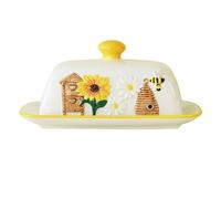 Beurrier en céramique, récipient à beurre en porcelaine avec couvercle, motif tournesol et abeille, paroi épaisse, grand support en céramique pour le rangement du plateau de comptoir