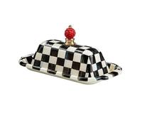 Beurrier en émail, joli plat à couvercle, motif carreaux courtois noir et blanc Pour Les Repas Et Les Fêtes