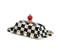 Beurrier en émail, joli plat à couvercle, motif carreaux courtois noir et blanc Pour Stockage Beurre