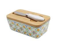 Beurrier en Porcelaine avec Couvercle en Bois et Couteau à Beurre, Grande Capacité 350 ml, Boîte à Beurre Multifonction, Style Bohème, Beurrier Hermétique pour Cuisine et Maison