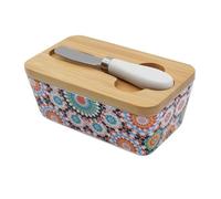 Beurrier en Porcelaine avec Couvercle en Bois et Couteau à Beurre, Grande Capacité 350 ml, Boîte à Beurre Multifonction, Style Bohème, Beurrier Hermétique pour Cuisine et Maison