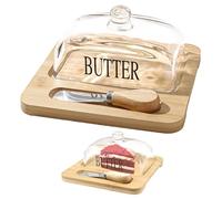 Beurrier en verre avec couvercle, plat transparent multifonctionnel sûr avec couvercle, plateau en bois et couteau pour comptoir de réfrigérateur