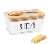 Beurrier en verre de 500 ml avec couvercle et couteau à beurre, beurrier français B, passe au lave-vaisselle, en bois de bambou, pour prévenir la formation d'odeurs, pour décoration de table de Noël