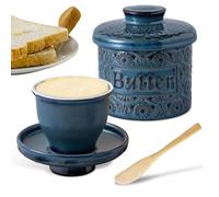 Beurrier français en céramique avec couvercle et couteau à beurre, récipient à beurre refroidi à l'eau, beurrier en porcelaine avec ligne de flottaison au design vintage pour beurre à tartiner (bleu