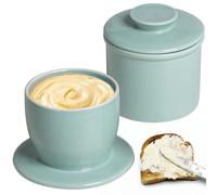 Beurrier français en céramique avec couvercle rond, refroidi à l'eau avec ligne d'eau, cloche au beurre, cloche en céramique pour beurre tartinable bleu clair