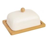 Orion Group - Beurrier en porcelaine avec couvercle - 16 x 13 x 8,5 cm - Porcelaine blanche et bambou - Beurrier écologique - Décoration de table et de cuisine parfaite
