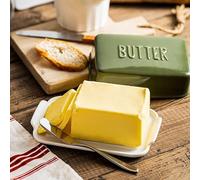 Beurrier recouvert de porcelaine avec couvercle pour support de beurre de comptoir, récipient pour un bâton de beurre, plateau texturé pour stockage antidérapant, vert grand