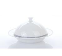 Beurrier rond, porcelaine, opale, dentelle blanche, bord gris, Thun 1794