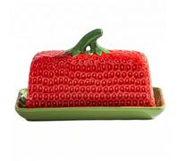 Beurriers en céramique, beurrier mignon à motif de fraise avec couvercle, récipient pour noël, rouge