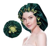Beutyme Bonnet en soie pour dormir - Bonnet en satin double couche réversible pour femme - Cheveux longs et bouclés - Vert foncé