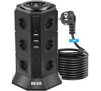 BEVA 12 Prises Tour Multiprise Parafoudre avec Câble 2M, Noir | 2500W/10A Multiprise Electrique avec 2 Interrupteur et 2 USB-C (15W)+3 USB-A,Multiprise Parafoudre et Surtension