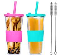 BEVKAF Lot de 2 Tasses à thé Boba réutilisables, gobelet à Smoothie à Double paroi étanche de 24 oz, Tasse à café glacé, Paille Large pour thé à Bulles (Vert et Rose Rose)