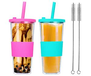 BEVKAF Lot de 2 Tasses à thé Boba réutilisables, gobelet à Smoothie à Double paroi étanche de 24 oz, Tasse à café glacé, Paille Large pour thé à Bulles (Vert et Rose Rose)