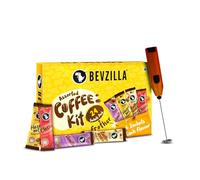 Bevzilla 24 sachets de café et mousseur | 24 sachets de 2 g | 6 sachets de chaque saveur | Kit de café classique, noisette, vanille et caramel au beurre | Grains arabica | Profitez du chaud et du