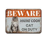 Beware Maine Coon On Duty Plaque décorative en métal pour maison, cuisine, salle de bain, ferme, jardin, garage, citation inspirante