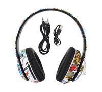 Bewinner Casque Bluetooth sans Fil avec Motif Graffiti, Réduction du Bruit des Basses Profondes, écouteurs Stéréo Filaires et sans Fil, Longue Durée de Vie de la Batterie, 200 MAh, Câble 3,5 Mm, ABS
