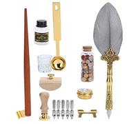 Bewinner Ensemble Stylo Plume Vintage et Sceau de Cire, Kit de Calligraphie avec 5 Plumes, Stylo Oblique, Tampon à Encre, Bouteille en Verre et Cire pour écrire, Dessiner, Cadeau (SP225064 gris nacré)