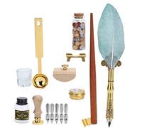 Bewinner Ensemble Stylo Plume Vintage et Sceau de Cire, Kit de Calligraphie avec 5 Plumes, Stylo Oblique, Tampon à Encre, Bouteille en Verre et Cire pour écrire, Dessiner, Cadeau (SP225043 vert