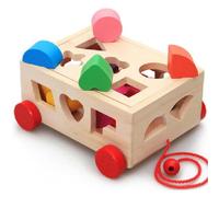 Bewinner Jouet de Chariot Marcheur en Bois avec Trieur de Formes, Cube d'activité à 15 Trous pour Bébés de 0 à 3 Ans, Jouet d'apprentissage à Tirer pour Les Tout-Petits