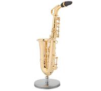 Bewinner Réplique Miniature de Saxophone Alto - Modèle en Laiton plaqué or avec Support et étui en Bois, 8 X 4 X 13,5 Cm, Décoration de Salle de Musique et de Bureau, Cadeau pour Musiciens