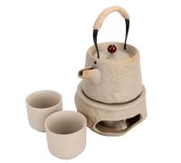 Bewinner Service à thé en Poterie Brute avec Brûleur à Alcool, Pot à Poutre de Levage pour 2 Tasses, Poêle en Céramique Grossière, Rétention de Chaleur, Kit de Préparation de thé Portable pour le