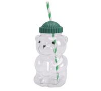 Bewinner Tasse de Boisson Froide Réutilisable en Forme D'ours 3D Mignon avec Paille et Couvercle Vert, Gobelet de Boisson en PET Transparent pour Latte glacé, thé au Lait, Jus, café, 450