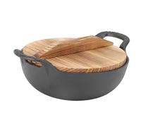 Bewinner Wok en Fonte avec Couvercle en Bois Asiatique Authentique, Poêle à Frire pour Grillades à Vapeur, 2 Poignées Non Revêtues pour la Cuisine Chinoise (25CM)