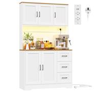 BEWISHOME Armoire de Cuisine, Buffet Haut, Meuble de Rangement, avec Éclairage LED, Meuble de Cuisine, 5 Portes, 3 Tiroirs, Étagères Réglables, Prise Électrique et USB, Blanc, 100x40x180 cm