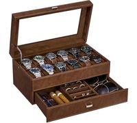BEWISHOME Boîte à montres de luxe pour homme - Étui de montre en cuir synthétique avec tiroir à bijoux, dessus en verre véritable, charnière en métal, marron SSH12Z