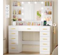 BEWISHOME Coiffeuse avec Miroir LED avec Prise de Courant, Grande Coiffeuse avec Lumières, Luminosité Réglable, Table de Maquillage avec 11 Tiroirs, 9 Étagères Ouvertes, pour Chambre Blanc EFST50W
