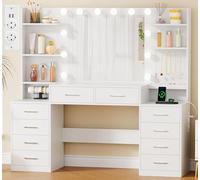 BEWISHOME Coiffeuse avec Miroir,Table de Maquillage avec Éclairage LED Réglables,Prises de Courant,Grande Coiffeuse avec 10 Tiroirs,5 Crochets,5 Étagères,Rangement Bijoux,Moderne Blanc EFST52W