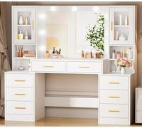 BEWISHOME Grande Coiffeuse avec Éclairage LED, Luminosité Réglable, Table de Maquillage avec Miroir et 8 Tiroirs, Coiffeuse avec Rangement et 4 Étagères Réglables,Couffeuse Moderne Blanc EFST37W