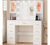 BEWISHOME Grande Coiffeuse avec Miroir Éclairage LED Réglable,Table de Maquillage avec Prises et Support pour Sèche-Cheveux,Coiffeuse avec 7 Tiroirs pour Chambre à Coucher Blanche EFST38W