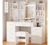 BEWISHOME Grande Coiffeuse avec Miroir et Éclairage LED, Luminosité Réglable,Table de Maquillage avec Tabouret et Prise, Coiffeuse Moderne avec 8 Tiroirs,8 Étagères Ouvertes12 Crochets,Blanc EFST53W