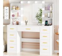 BEWISHOME Grande Coiffeuse avec Miroir et LED lumières,Luminosité Réglable,Coiffeuse avec Plateau en Verre,Table de Maquillage avec Multiprise,9 Tiroirs,4 Étagères Ouvertes Moderne Blanc EFST39W