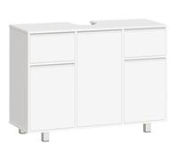 BEWISHOME Meuble sous Lavabo, Meuble sous Vasque Salle De Bain Blanc | 90x62.5x30cm Meuble sous evier salle de bain avec 2 Tiroir, 3 Portes, Meuble salle de bain sous lavabo avec Pieds