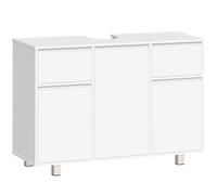 BEWISHOME Meuble sous Lavabo, Meuble sous Vasque Salle de Bain, Double tiroir, Trois Portes, Grande capacité de Rangement, Meuble Salle de Bain Rangement avec Pieds, 90 x 30 x 62.5 cm, Blanc, EYSG01W