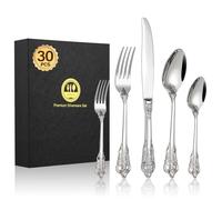 BEWOS 30 Pièces Couverts de Table Palais en Argent, Couverts en Acier Inoxydable de Qualité Supérieure, Poignées Gaufrées, Couvert pour les banquets, Papier Cadeau, Lavables au Lave-vaisselle