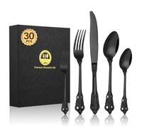 BEWOS 30 Pièces Couverts de Table Palais Noir, Couverts en Acier Inoxydable de Qualité Supérieure, Poignées Gaufrées, Couvert pour les banquets, Papier Cadeau, Lavables au Lave-vaisselle