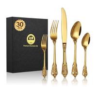 BEWOS 30 Pièces Couverts de Table Palais Or, Couverts en Acier Inoxydable de Qualité Supérieure, Poignées Gaufrées, Couvert pour les banquets, Papier Cadeau, Lavables au Lave-vaisselle