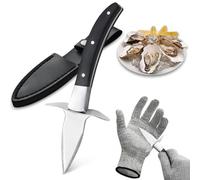 BEWOS Ensemble de 2 Couteau a Huitre avec étui - couteau a huitre avec lame en acier inoxydable de qualité supérieure et gant huitre résistant aux coupures,convient à tous les types de crustacés