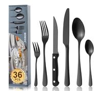 BEWOS Ensemble de couverts 36 pièces avec couteaux à steak pour 6 personnes, Noir Givré Couverts de table en acier inoxydable de qualité supérieure, Couverts polis miroir, lavables au lave-vaisselle