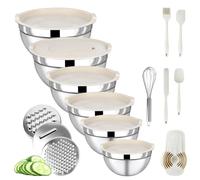 BEWOS Lot 16 Pièces Saladier Inox - Cul De Poule Avec Couvercle, Empilable, Lavable Lave-Vaisselle, Râpe Interchangeable, Capacité 0,7/1,1/1,5/2,1/3,5/4,0/4,5 QT, Mélanger & Conserver Aliments, Beige