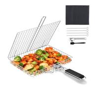 BEWOS Panier à Griller Poisson, Grille-Barbecue Inox Avec Sac de Rangement & Brosse, Pliable Et Portable, Grille Barbecue à Poignée Amovible Pour Poisson, Légumes, Steak, Crevettes, Côtes