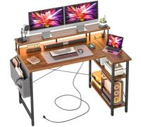 BEXEVUE Bureau d'angle avec LED Prise de Courant - 120x70 cm Grand Table Ordinateur Forme L, Etagères Rangements, Bureau Informatique Angle Réversible pour Etudier Travailler Chambre Domicile