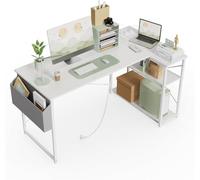 BEXEVUE Bureau d'angle avec multiprise, 120 x 70 cm Ergonomique Petit Compartiment de Rangement en Forme de L - Table d'angle réversible Bureau d'ordinateur, Table de Jeu d'angle pour étude, Blanc