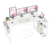 BEXEVUE Bureau d'angle avec multiprise, 140 x 70 cm Ergonomique Petit Compartiment de Rangement en Forme de L - Table d'angle réversible Bureau d'ordinateur, Table de Jeu d'angle pour étude, Blanc