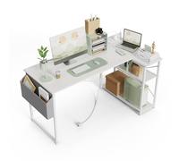 BEXEVUE Bureau d'angle avec Multiprise Intégrée - 100x70cm Petit Table Ordinateur Forme L Etagères Rangements, Bureau Informatique Angle Réversible pour Etudier Travailler Chambre Domicile Blanc