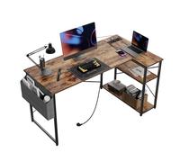 BEXEVUE Bureau d'angle avec Multiprise Intégrée - 120x70 cm Petit Table Ordinateur Forme L Etagères Rangements, Bureau Informatique Angle Réversible pour Etudier Travailler Chambre Domicile Marron